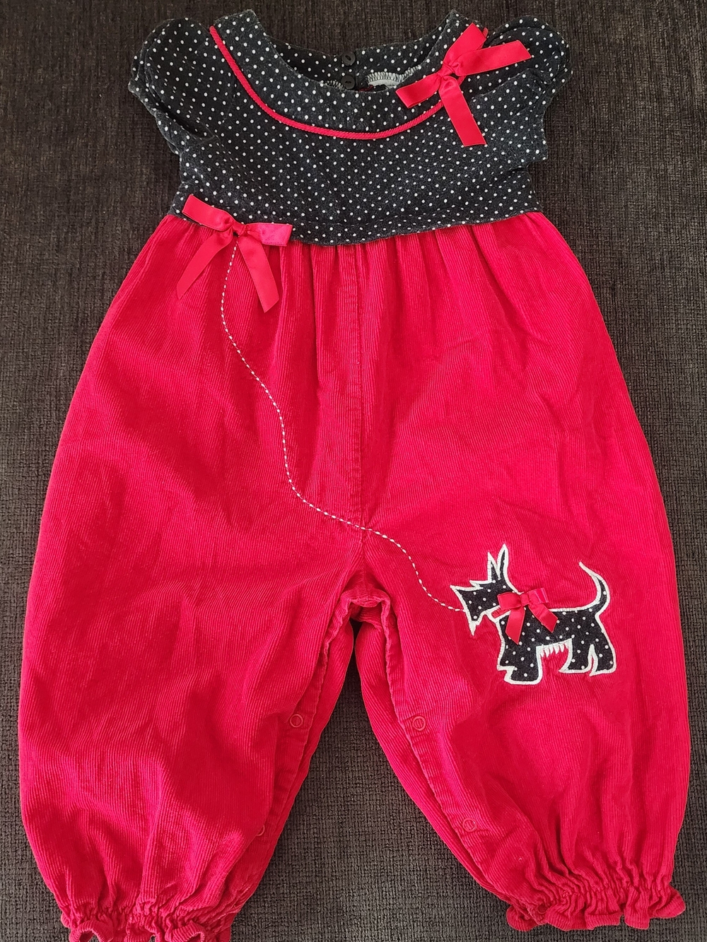 Bonnie Baby Red Black Corduroy Polka Dot Romper Scottie Puppy Holiday Bows, 24M